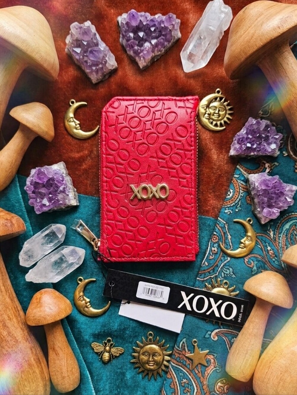 XOXO Monogram Card Holder Zip Wallet Red Embossed Logo NWT